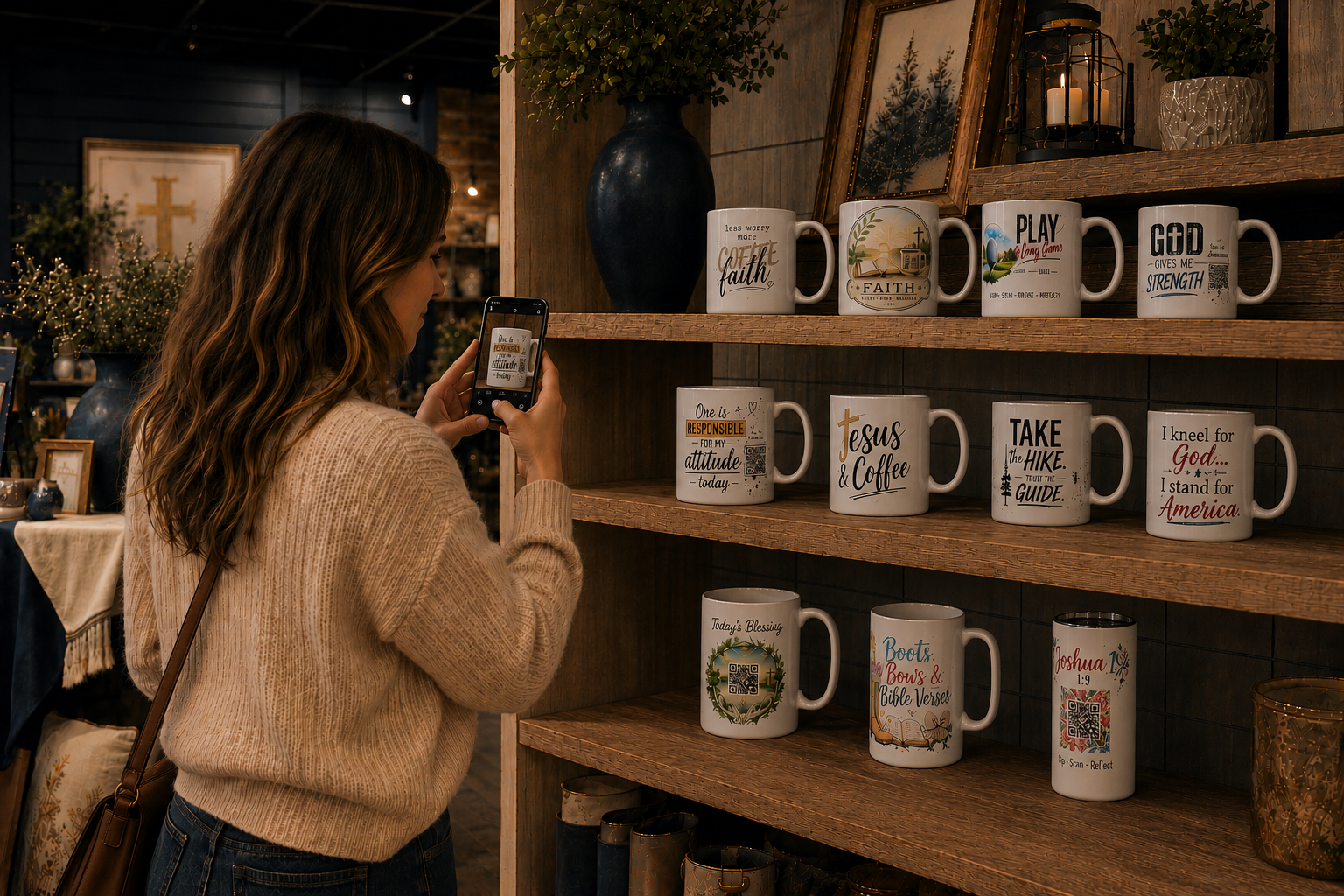 Woman scanning a My Faith Encounters mug in a shop